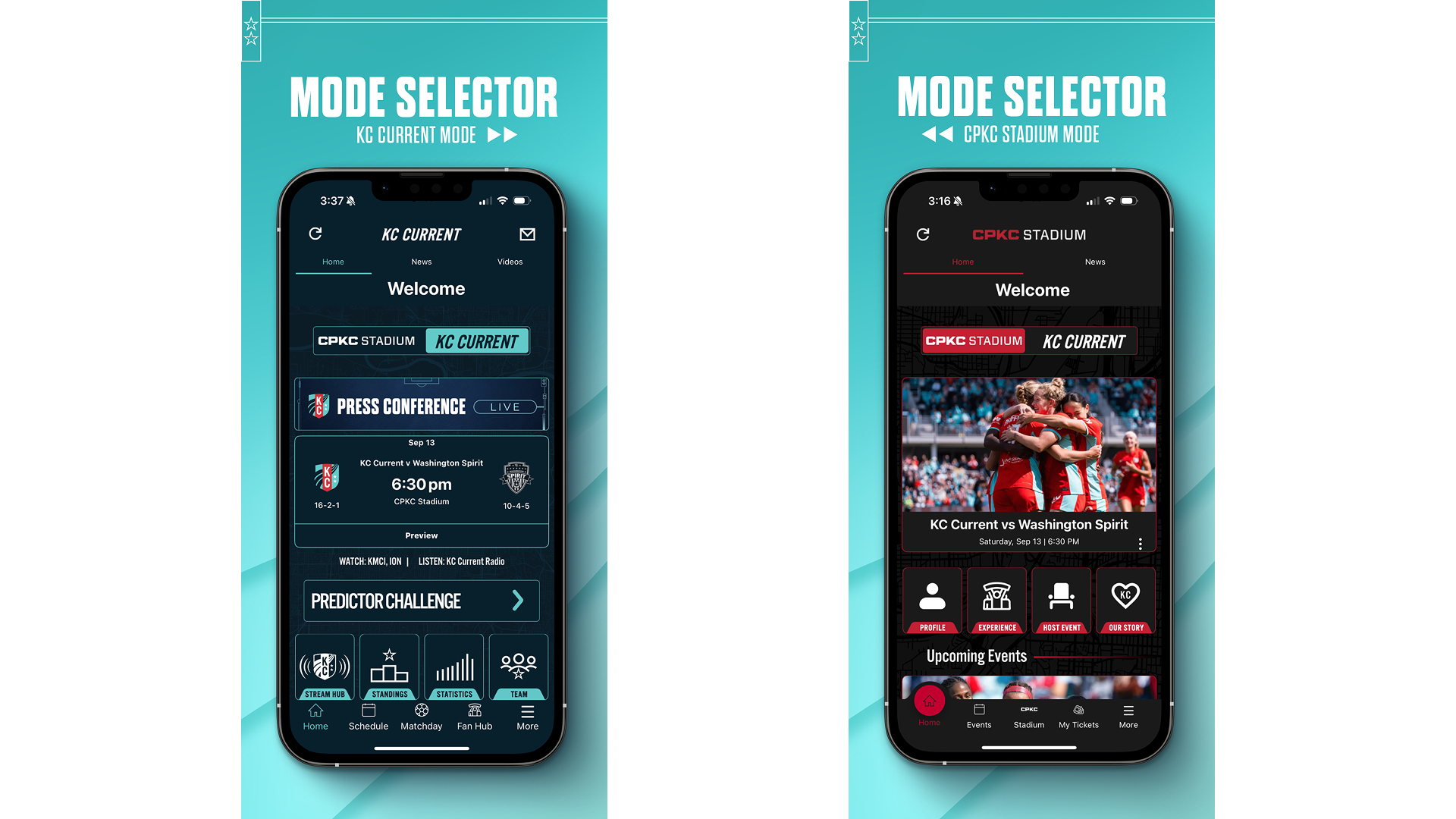 Showing the home page of KC Current Mode and CPKC Stadium Mode.