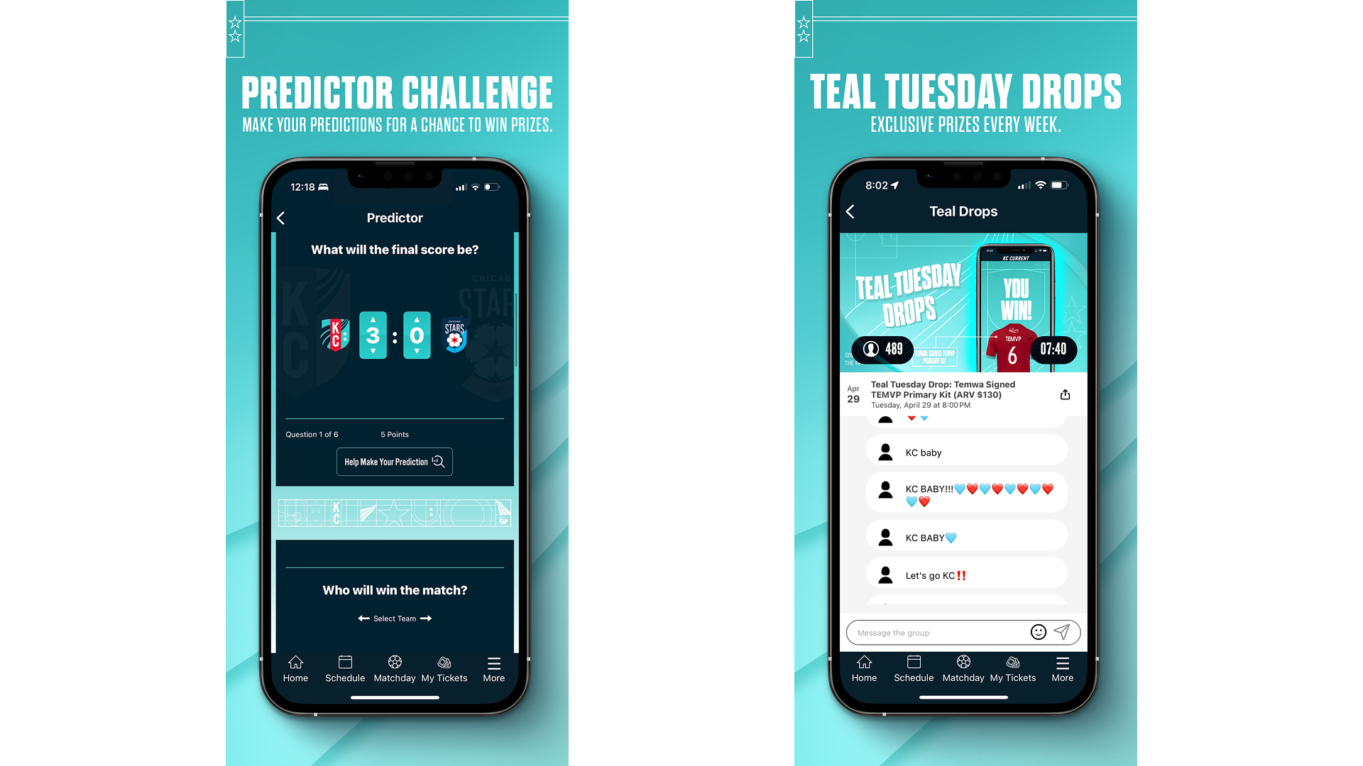 A screenshot of the Predictor Challenge and Teal Tuesday Drops pages.