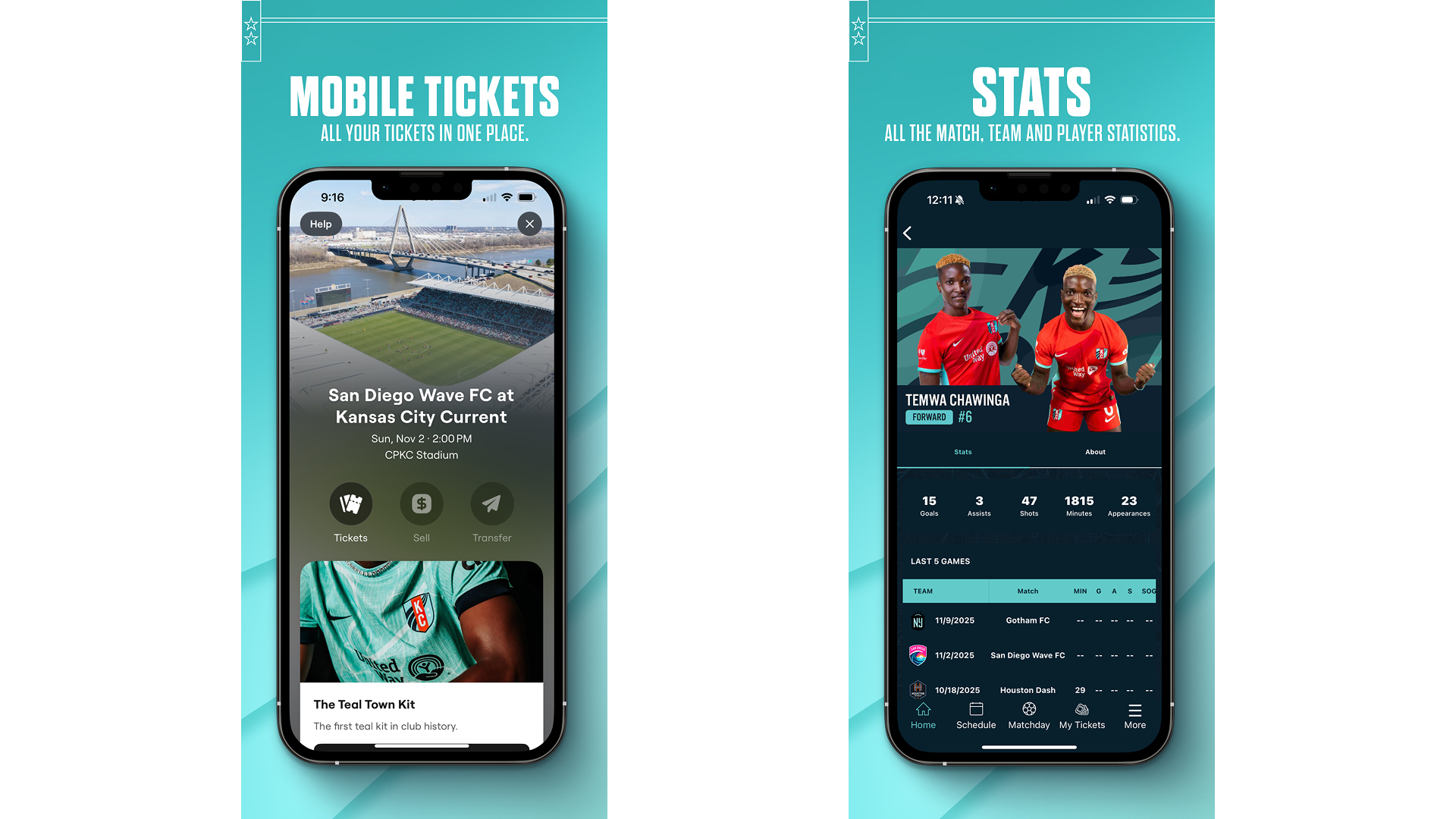 A screen shot view of the mobile tickets page and stats page for player statistics.