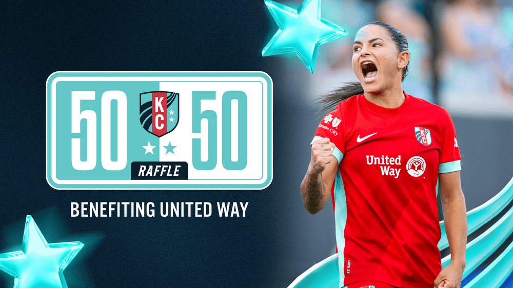 The 50/50 raffle logo on a storm background.