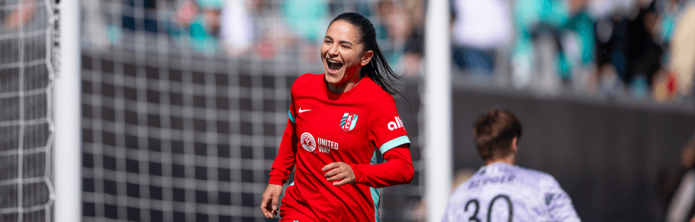 Debinha celebrating goal as match report cover image.