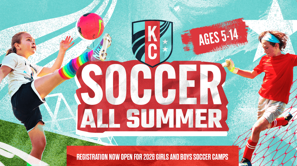 Soccer all summer graphic for ages 5-14. Registration now open for 2026 girls and boys soccer camps.