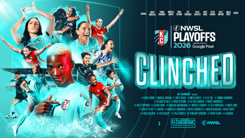 NWSL 2026 Playoffs Clinched presented by Google Pixel cover graphic featuring roster of players in a movie poster look.