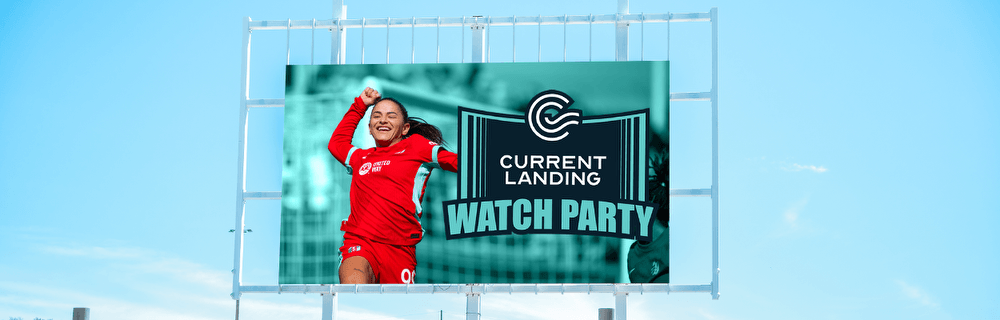 An image of current landing and a watch party with a view of the video board.
