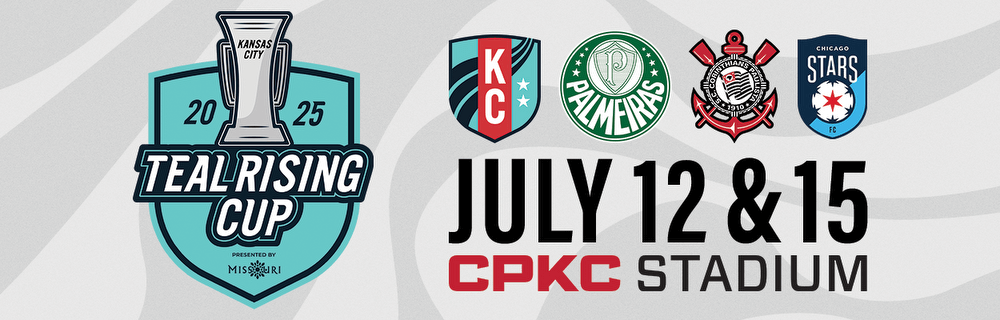 Cover graphic of 2025 Teal Rising Cup announcement presented by Visit Missouri starting July 12 -15 at CPKC Stadium.