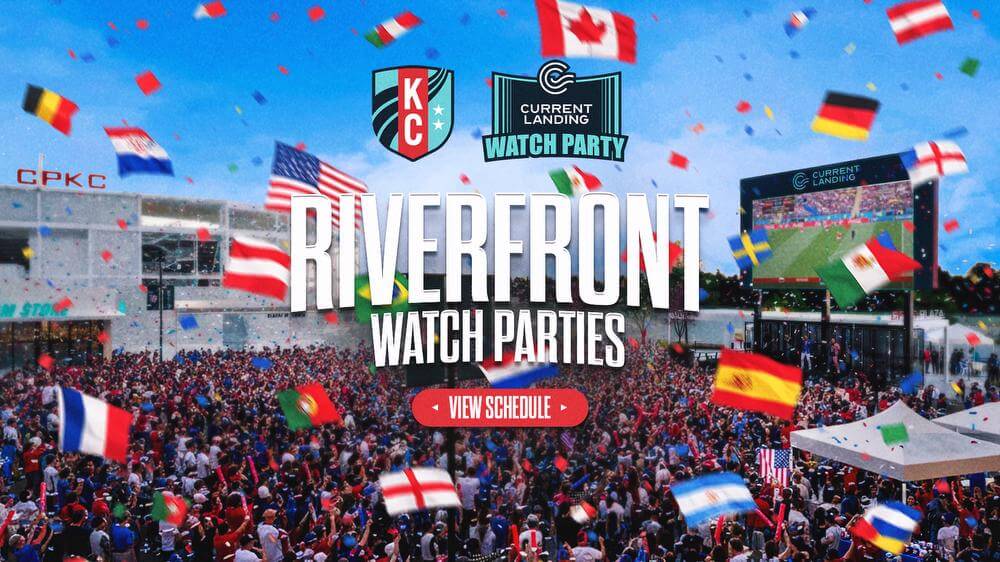A smattering of international flags on a graphic with "Riverfront Watch Parties" and a rendering of a watch party scene at Current Landing
