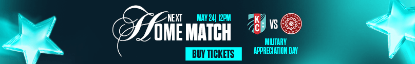 Next home match buy tickets banner May 24 at 12pm KC Current vs Portland Thorns on Military Appreciation day.
