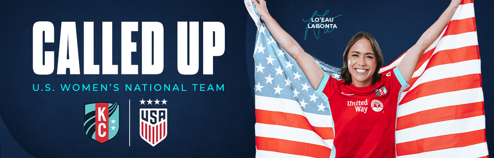 Lo'eau LaBonta with a US flag in her red KC Current kit, next to text that says "Called Up"