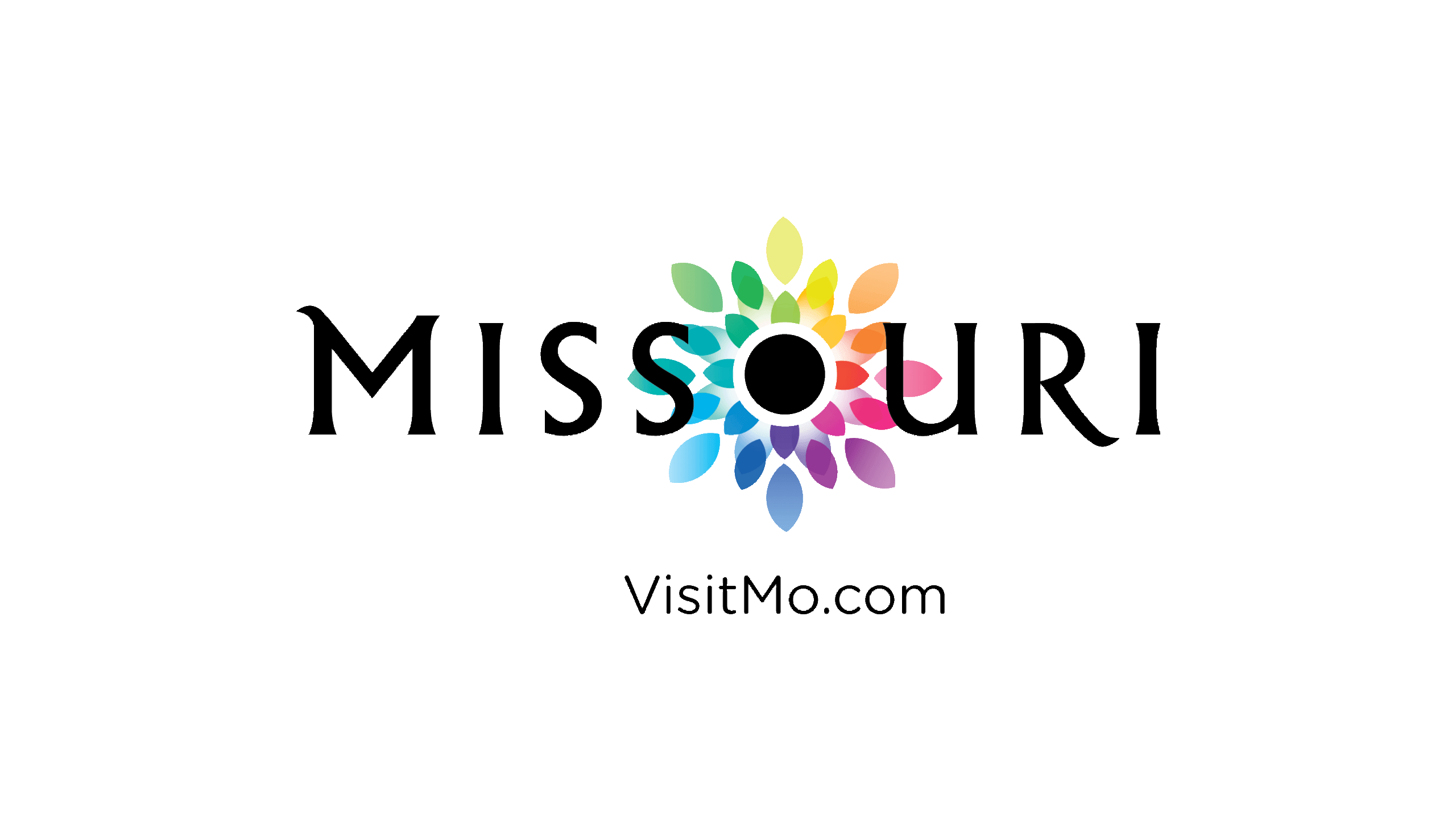 A black, rainbow graphic logo for Visit Missouri partner, VisitMo.com.