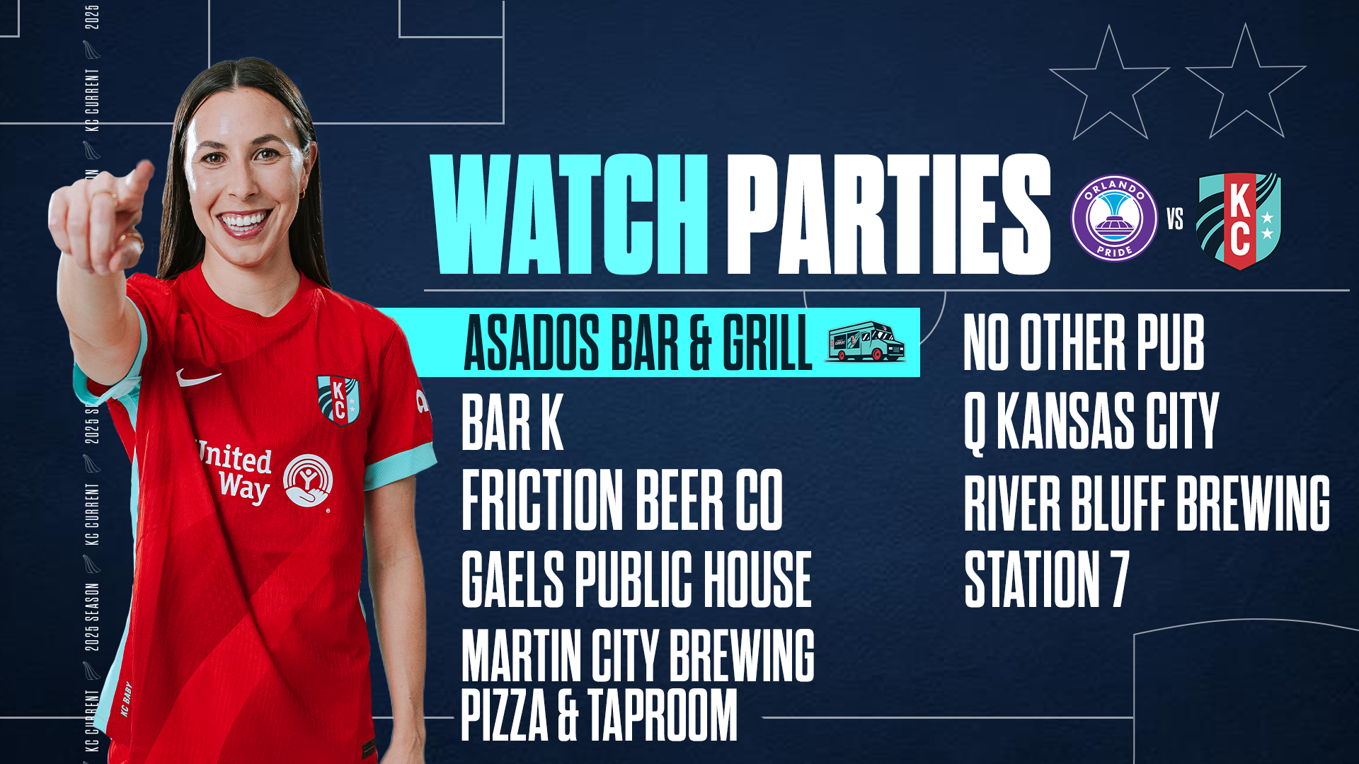 Featured Watch Party list for the Orlando Pride vs KC Current match with a photo of Haley Hopkins.
