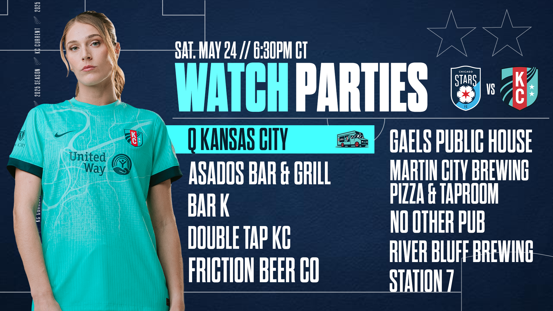Featured Watch Party list for the Chicago Stars vs KC Current match with a photo of Kayla Sharples.