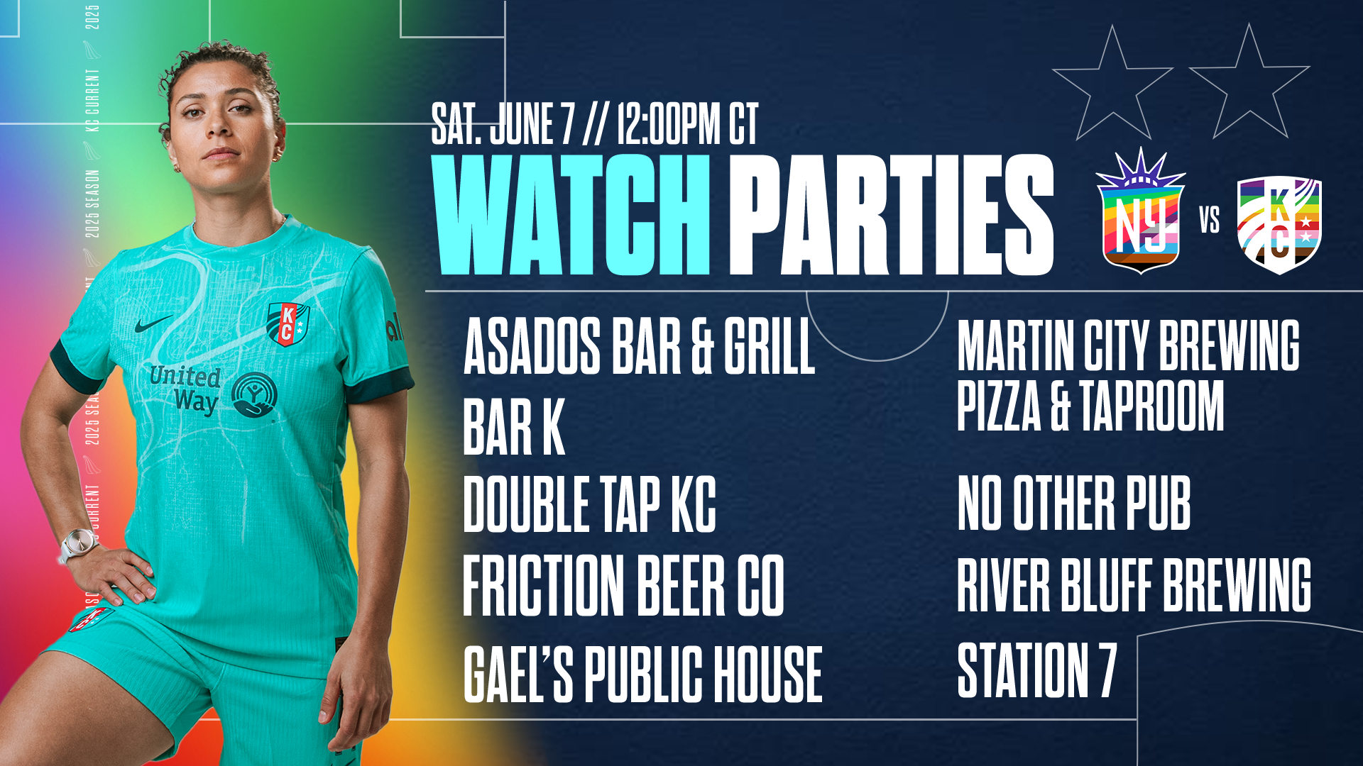 Featured Watch Party list for the Gotham FC vs KC Current match with a photo of Rock Rodriguez.