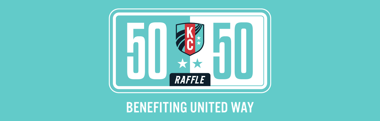 The 50/50 raffle logo on a teal background.