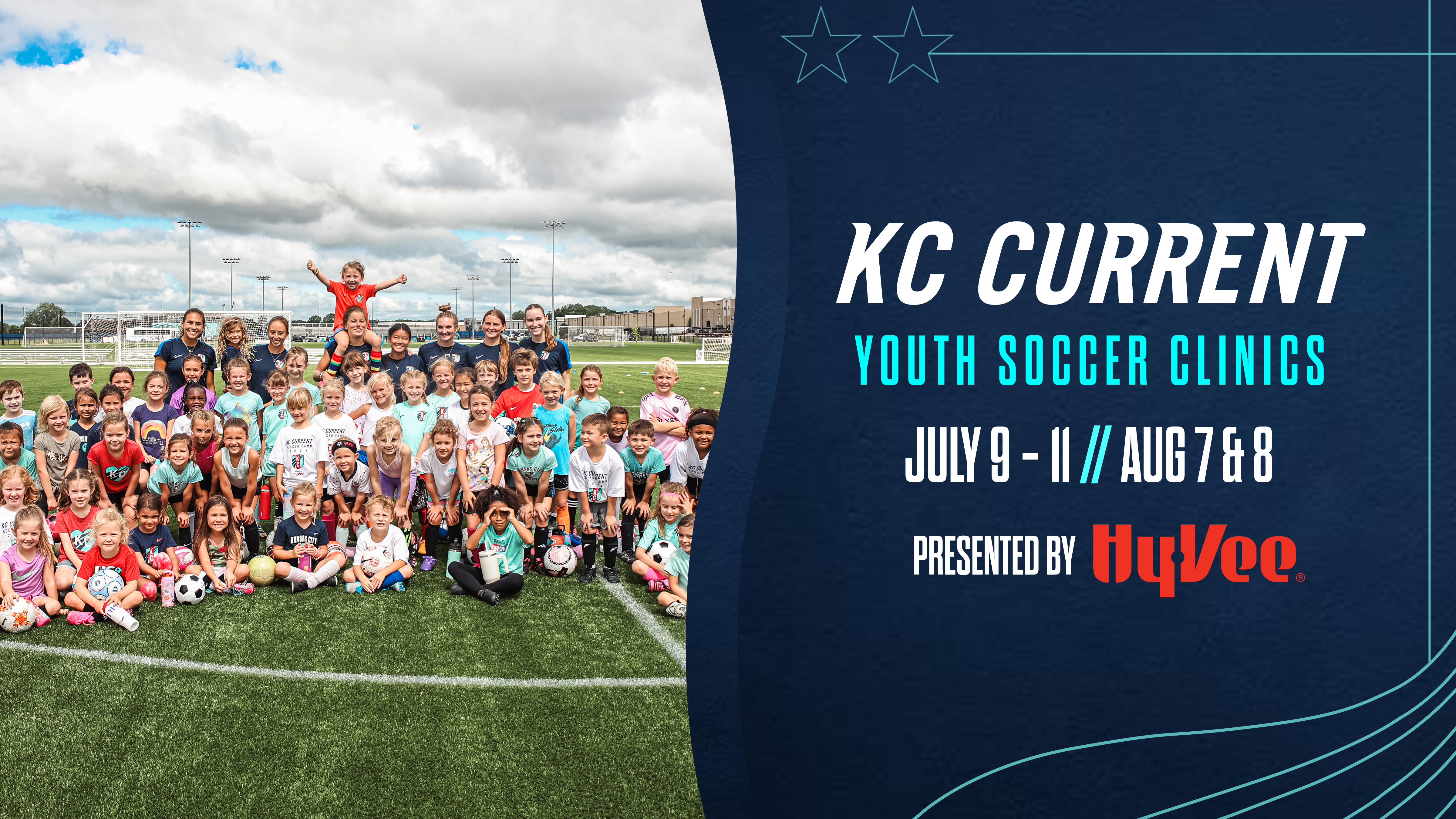 A group of kids next to white and teal text on a blue background that shares dates and details about an upcoming soccer clinic.