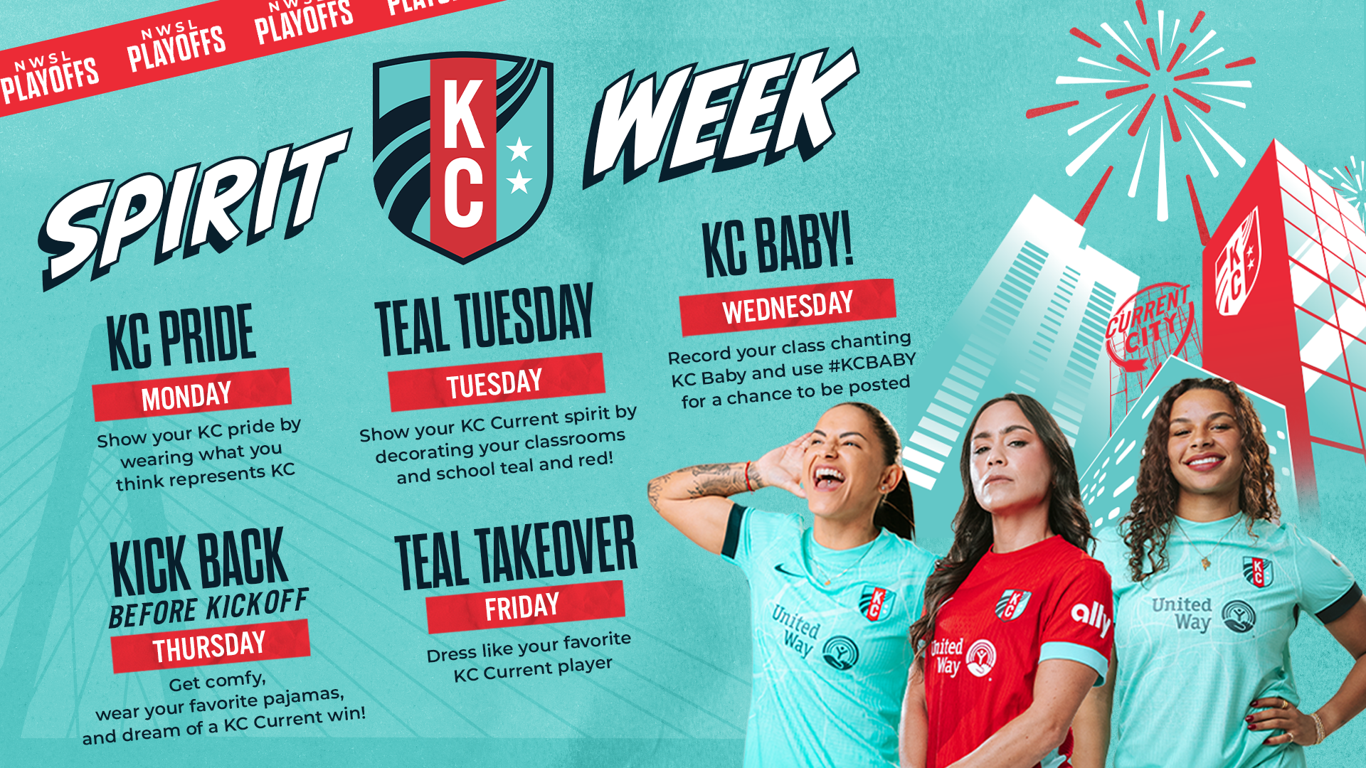 NWSL Playoffs KC Current Spirit Week Graphic.