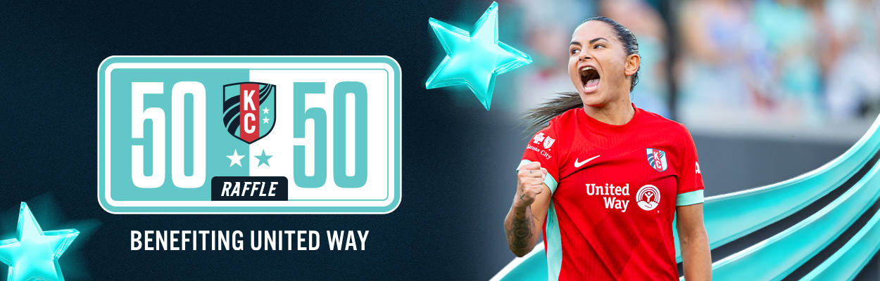 The 50/50 raffle logo on a storm background.