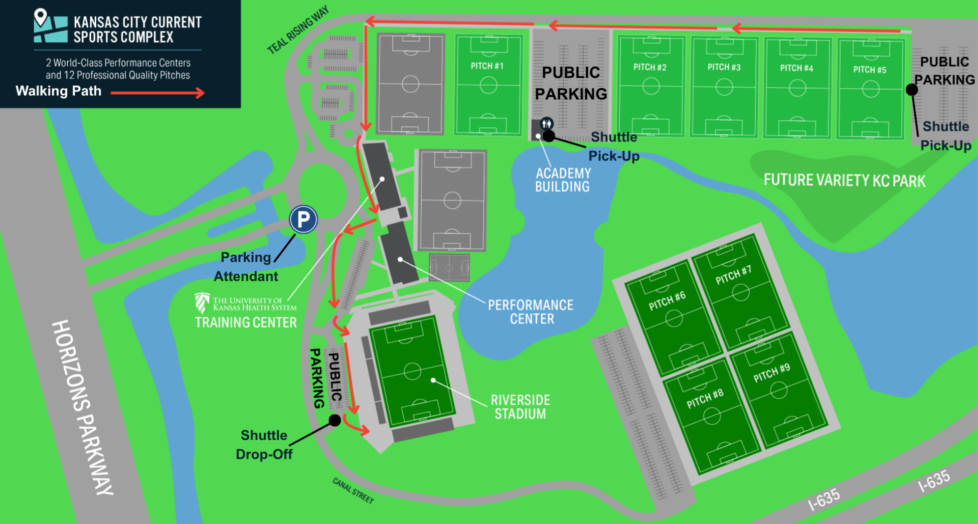 Kansas City Current Sports Complex Map, including parking lot shuttle map. This includes the parking lot, shuttle pick-up and drop-off, parking attendant, performance center, the Academy Building, Riverside Stadium, and the University of Kansas Health System Training Center locations.