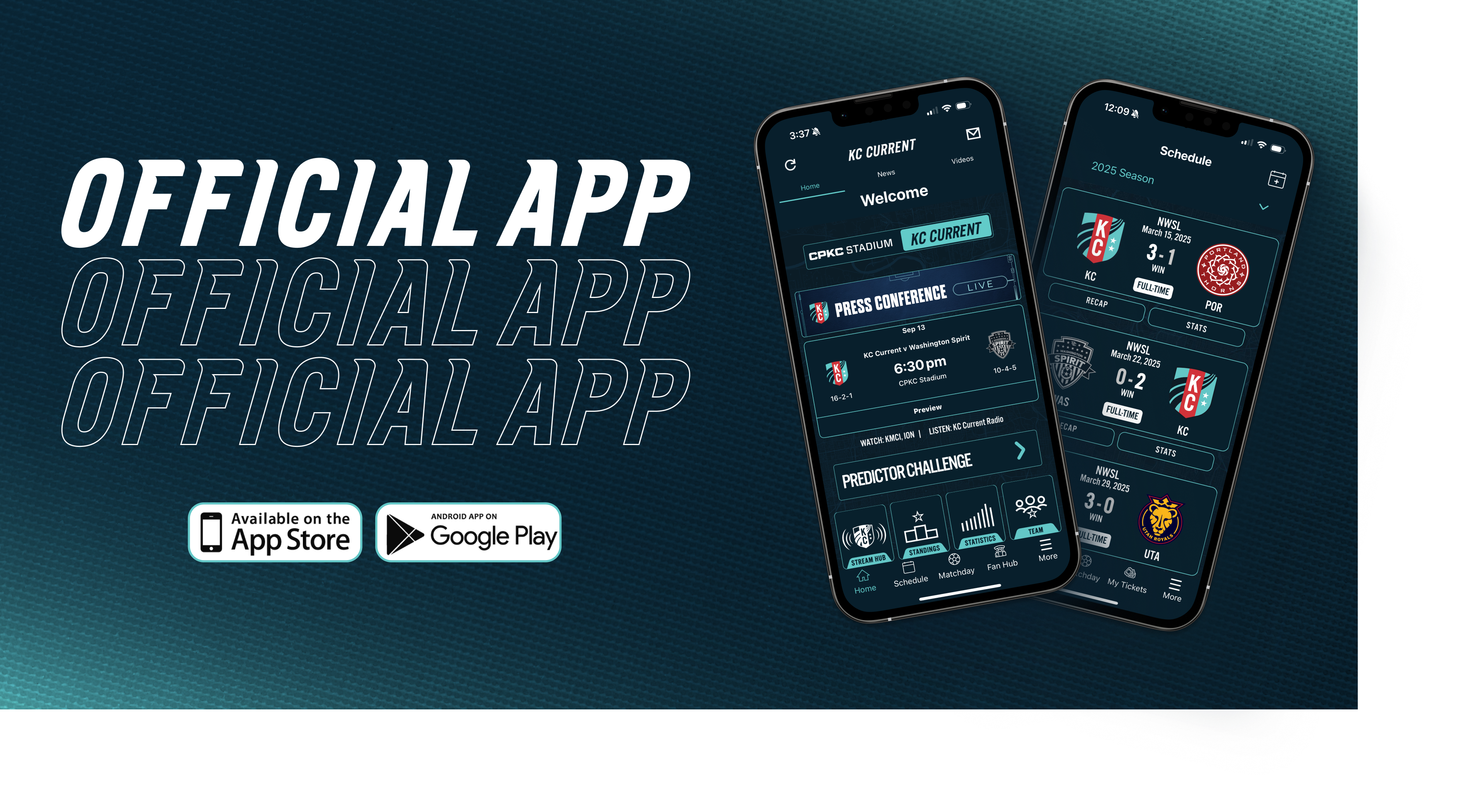 A cover graphic for the Kansas City Current Official App showing a picture of the app and that it is available at the Apple and Google Play Store.